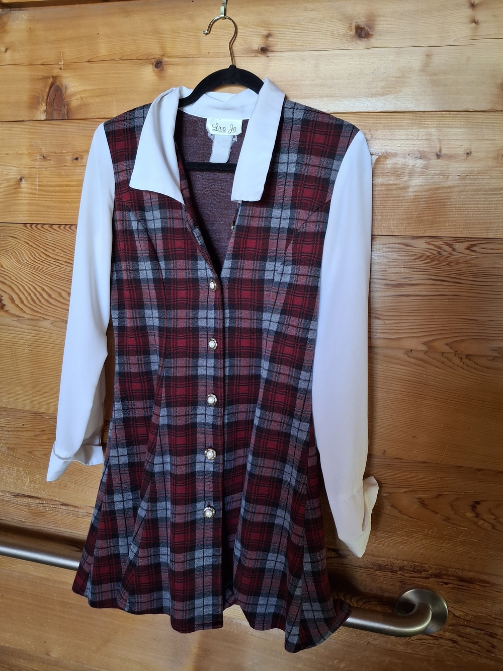 Vintage Red Plaid Shirt Dress with White Collar and Sleeves